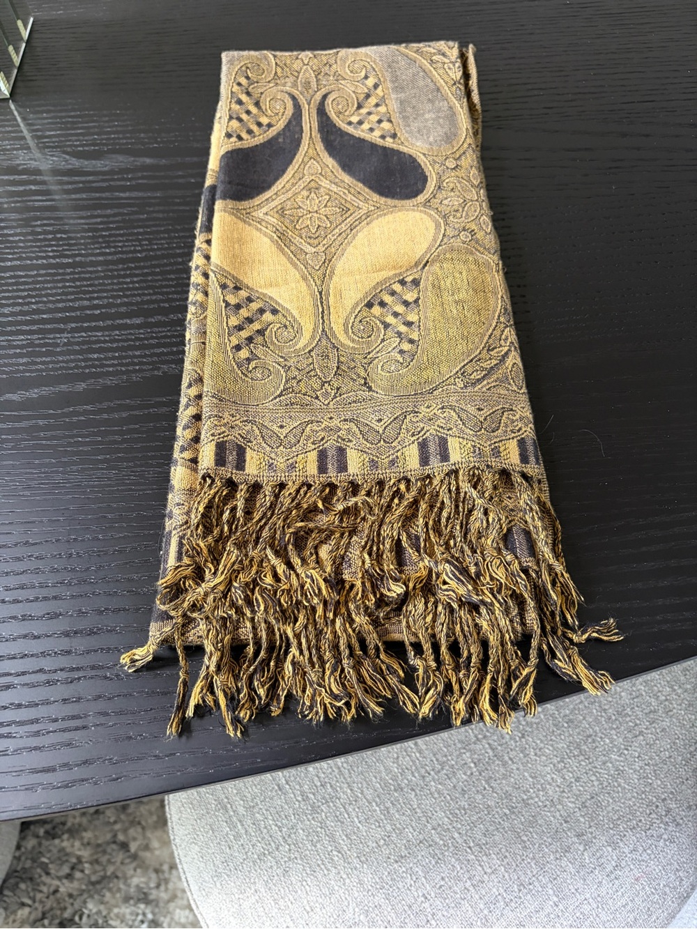 Gold and Black Paisley Fringe Scarf
